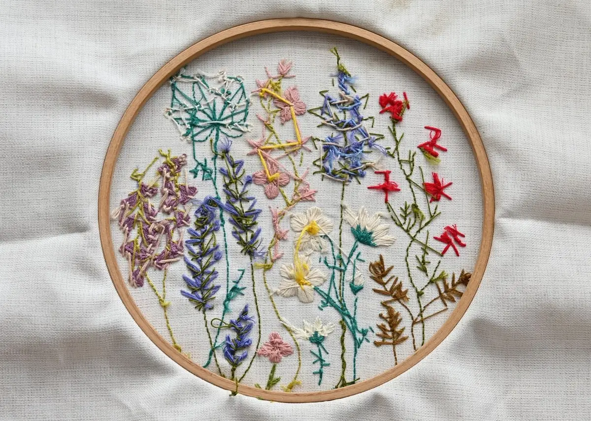 野の花を刺した丸枠の刺繍作品